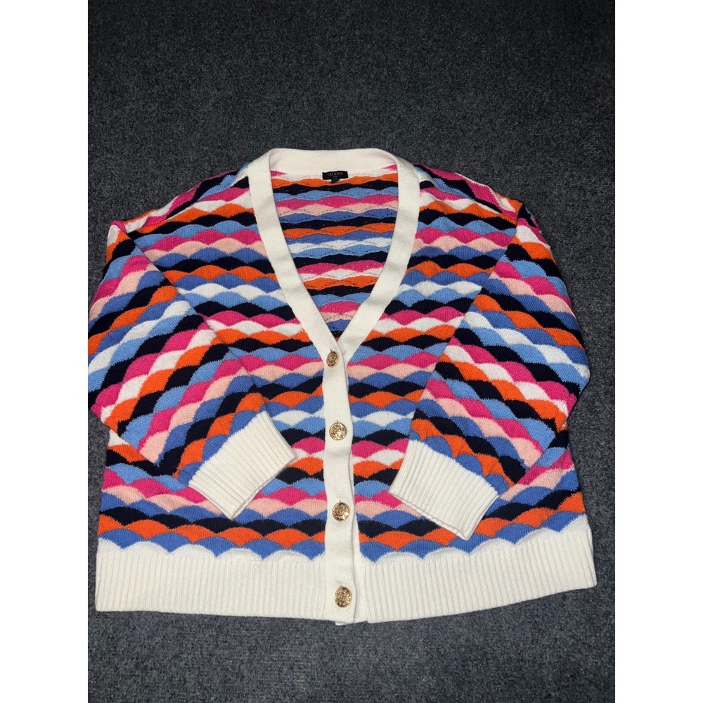 Talbots Plus Womens 2X Cardigan Sweater Multi Color Wavy Scallop Gold Button